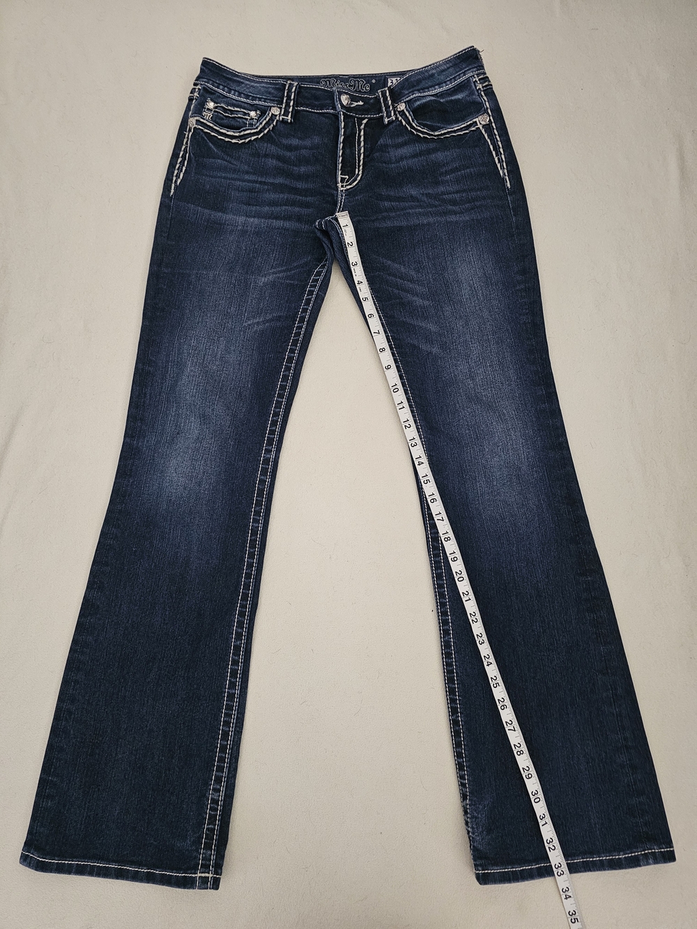 MissMe Wms Loose Saddle Stitch Border Bootcut Low-Rise Stretch Indigo Blue Sz 31 - Picture 8 of 16